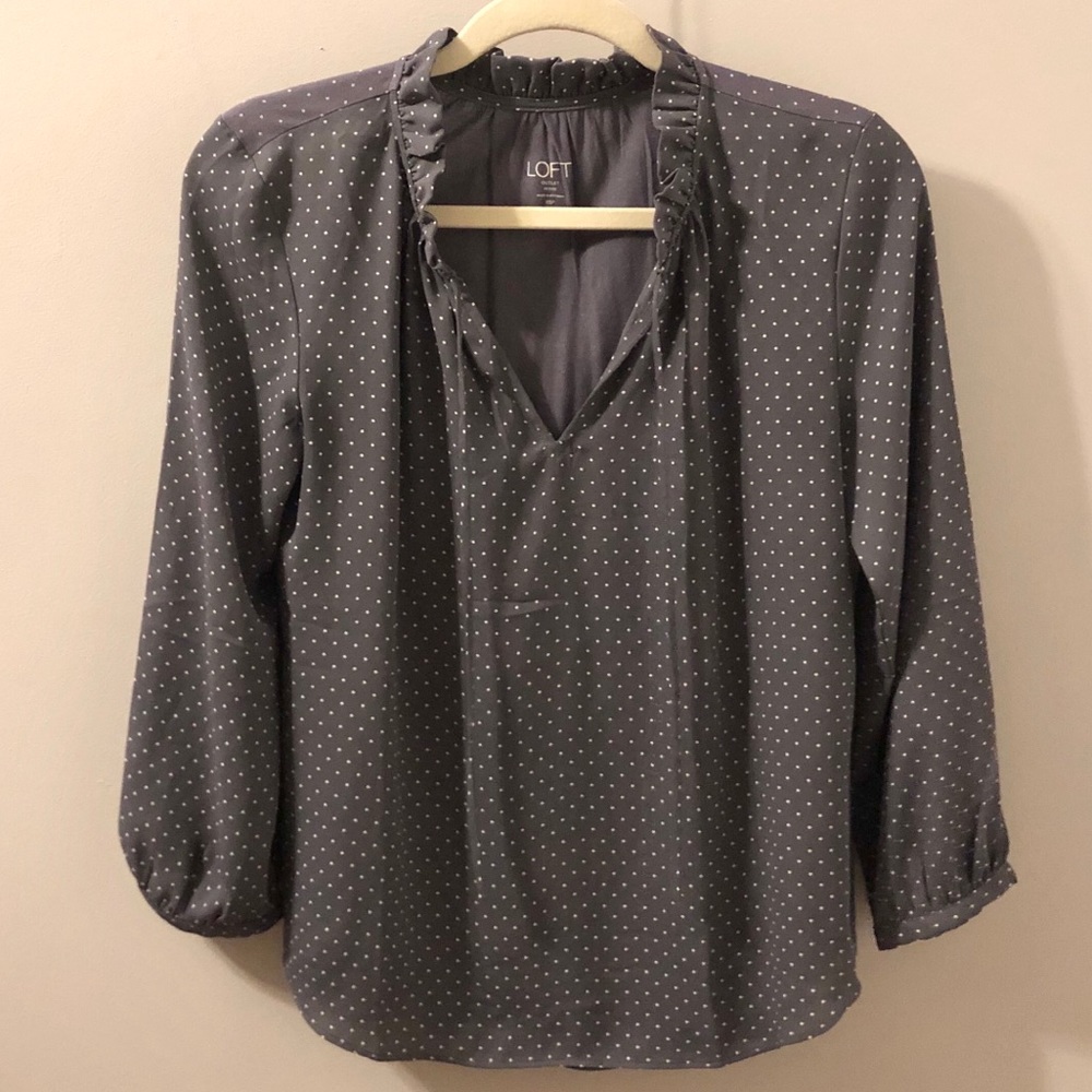 LOFT grey and white polka dot blouse